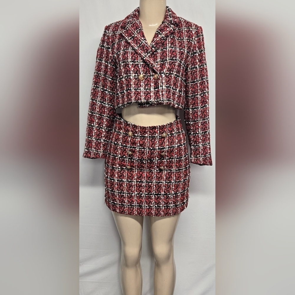 Shein S 4 Skirt Suit Plaid Textured Tweed  Red Black White Lined Cropped